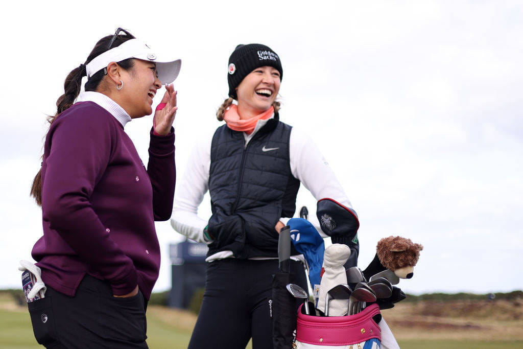 Lilia Vu (left) and Nelly Korda share a joke at St Andrews